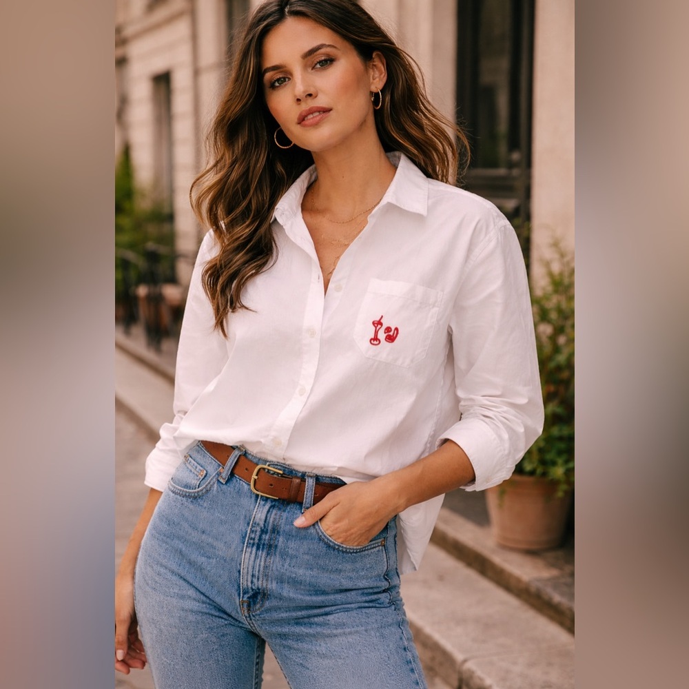 Sezane White Embroidered Button Down Shirt Tomboy Size 38